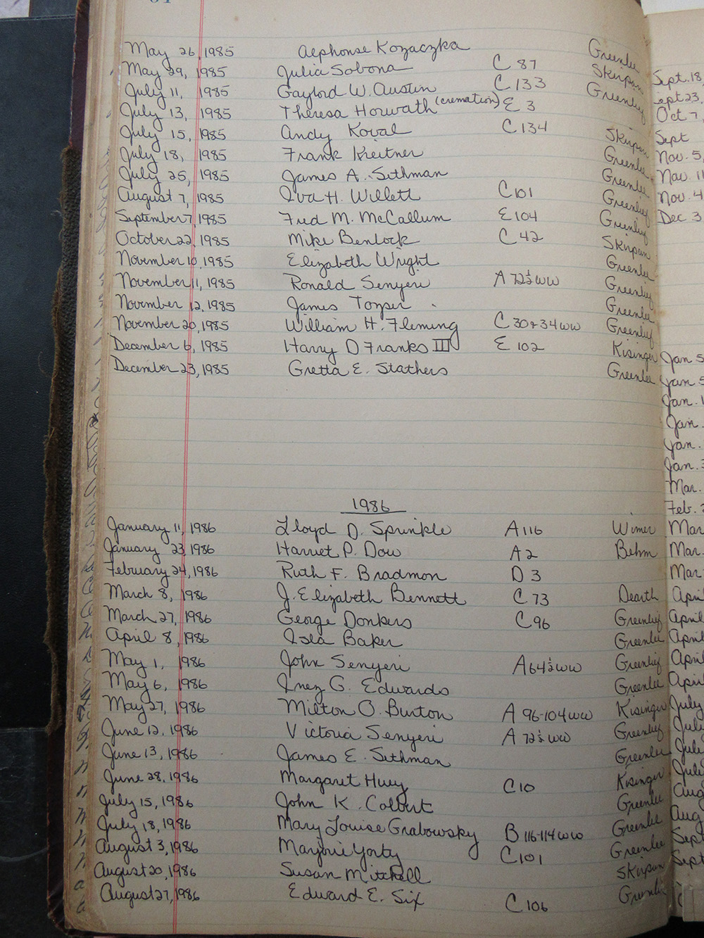 interment listing
